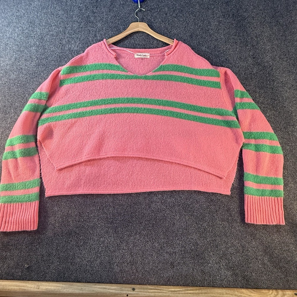 Peach Love California Womens Large Fuzzy Striped Crop Sweater Pink Green Soft